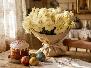 Букеты с нарциссами — пасхальная композиция Bridal Crown с куличом и крашеными яйцами на столе у мамы